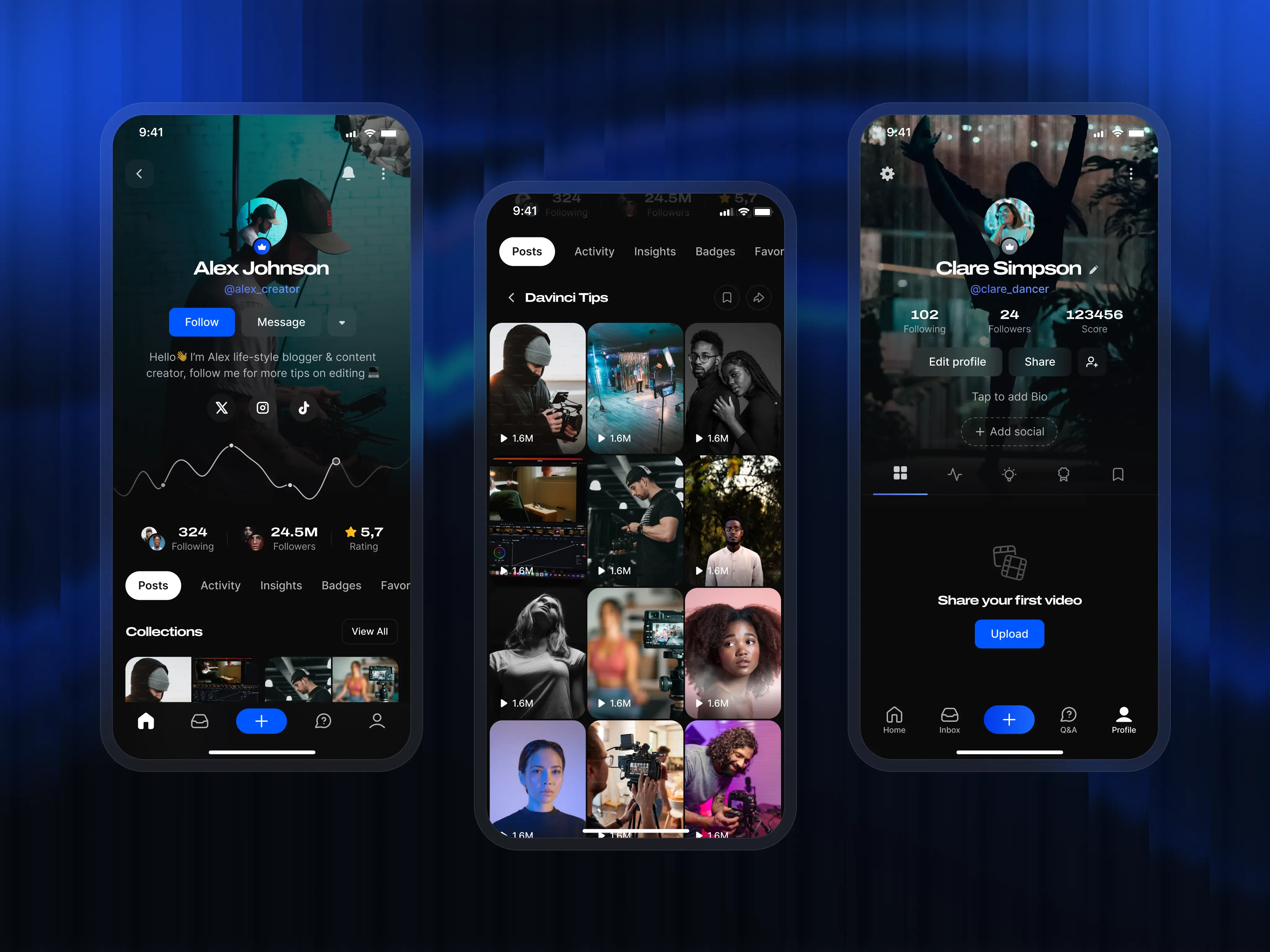 Video app user profile interface concept